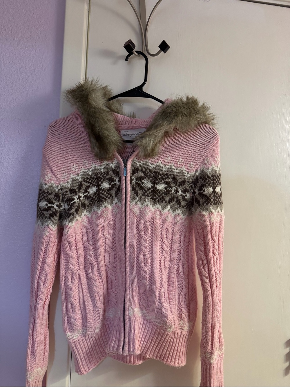 Vintage Y2K Aeropostale Pink Cable Knit Hooded Sweater Faux-Fur Trim